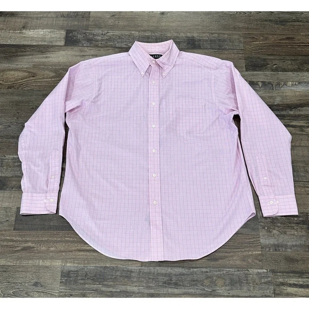 Polo Ralph Lauren Mens Button‎ Up Shirt Pink Blue White Plaid 16.5 34/35 Down